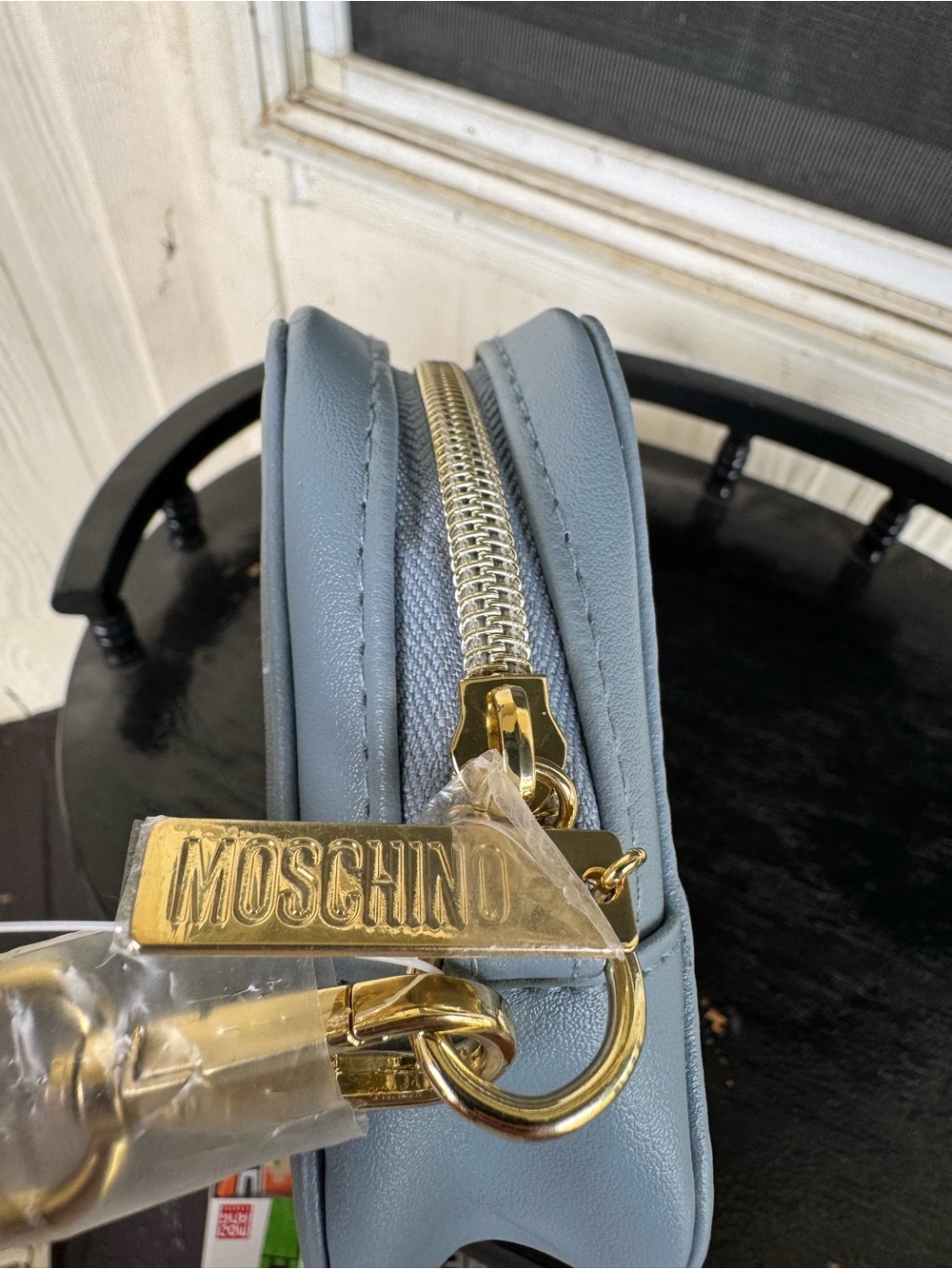 Moschino Sky Blue Leather Wristlet with Gold Logo - Picture 5 of 5